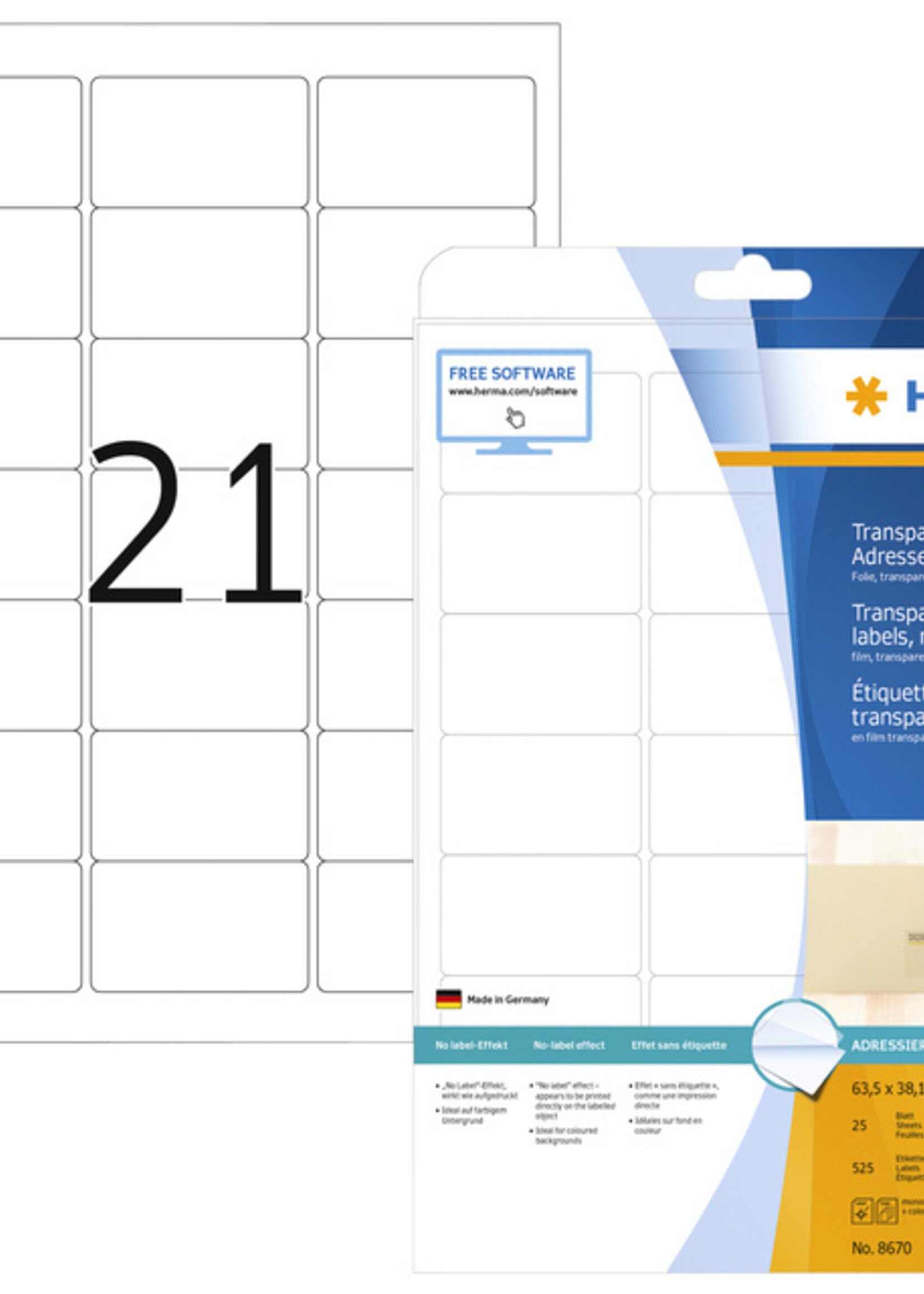 Herma Etiquette HERMA 8670 A4 63,5x38,1mm 525 pièces film transparent mat