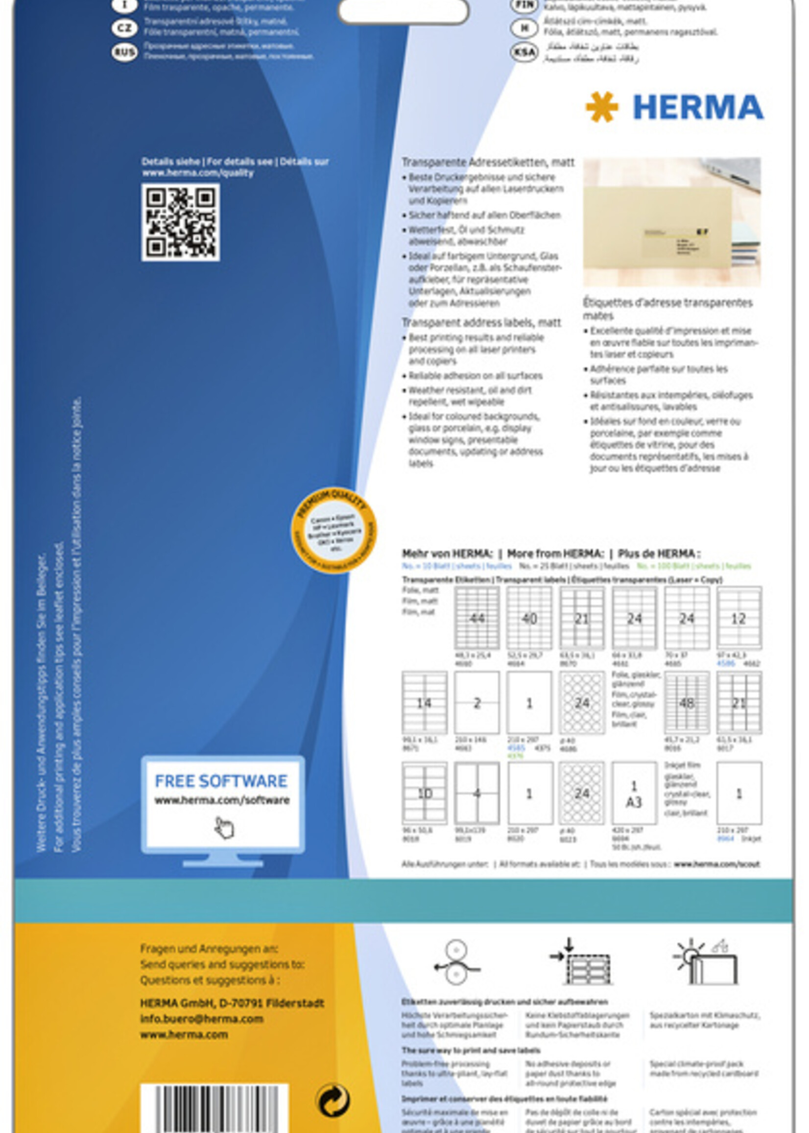 Herma Etiquette HERMA 8670 A4 63,5x38,1mm 525 pièces film transparent mat