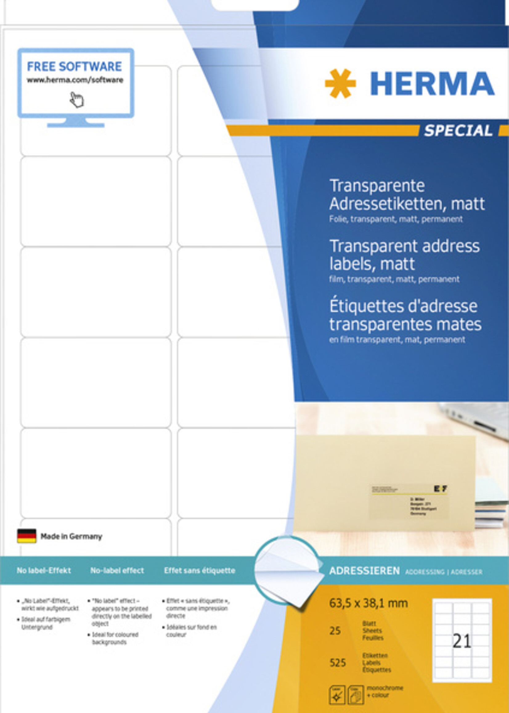 Herma Etiquette HERMA 8670 A4 63,5x38,1mm 525 pièces film transparent mat