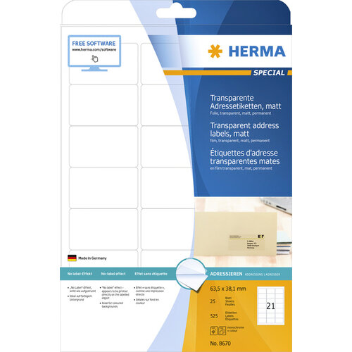 Herma Etiket HERMA 8670 A4 63.5x38.1mm folie transparant mat 525st