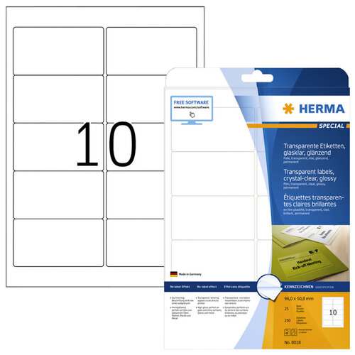 Herma Etiket HERMA 8018 96x50.8mm transparant 250stuks