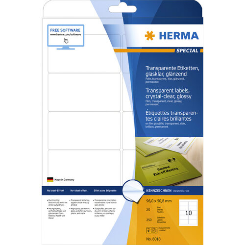 Herma Etiket HERMA 8018 96x50.8mm transparant 250stuks