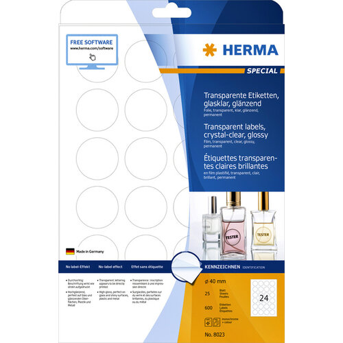 Herma Etiket HERMA 8023 40mm rond transparant 600stuks