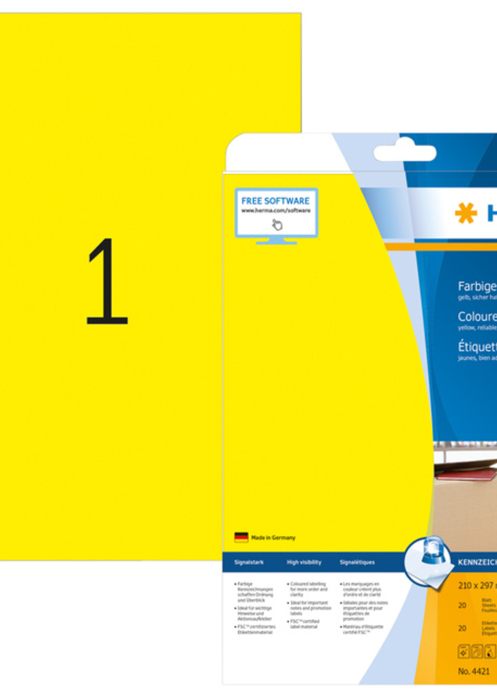 Herma Etiket HERMA 4421 210x297mm verwijderbaar A4 geel 20stuks