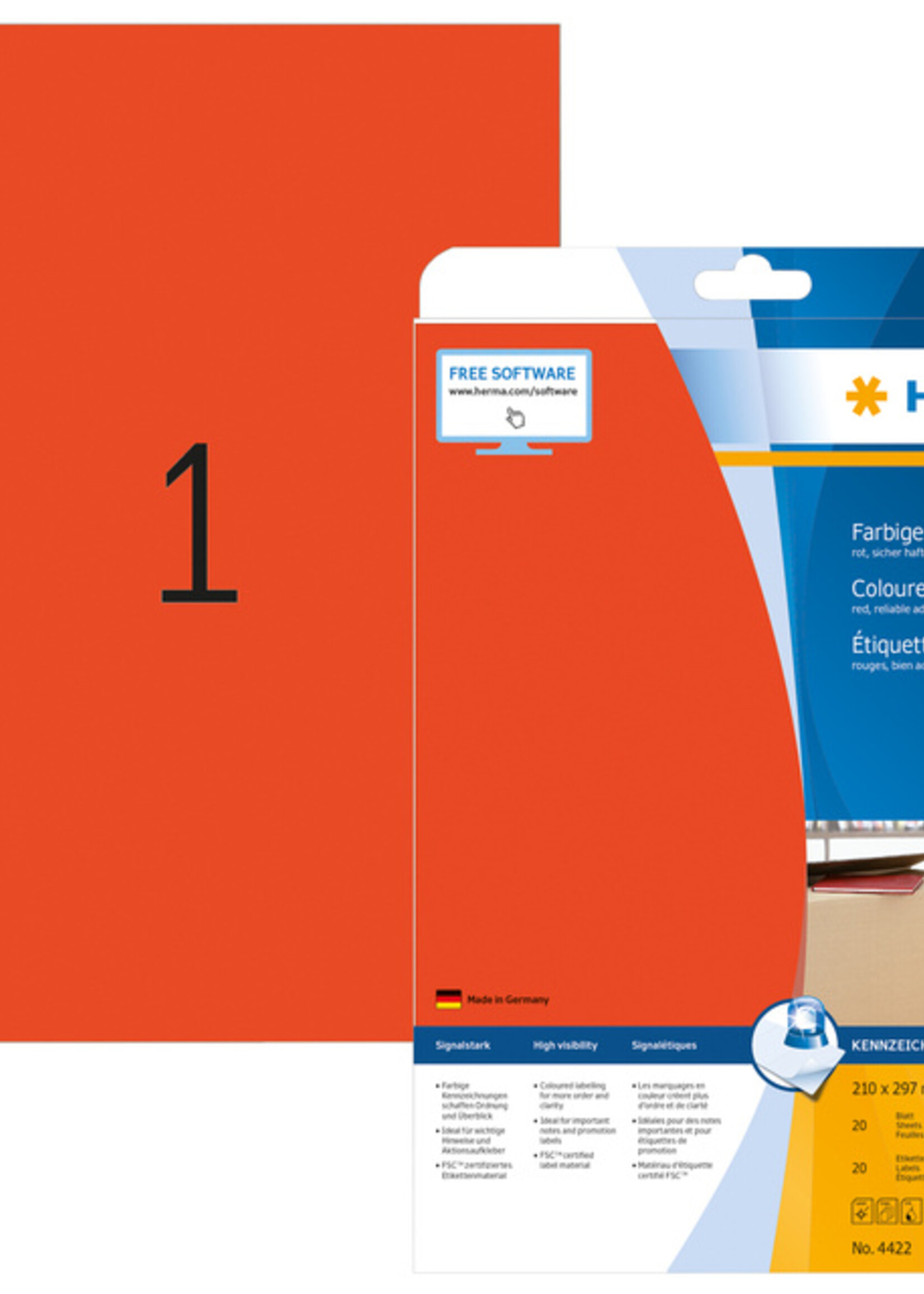 Herma Etiket HERMA 4422 210x297mm A4 verwijderbaar rood 20stuks