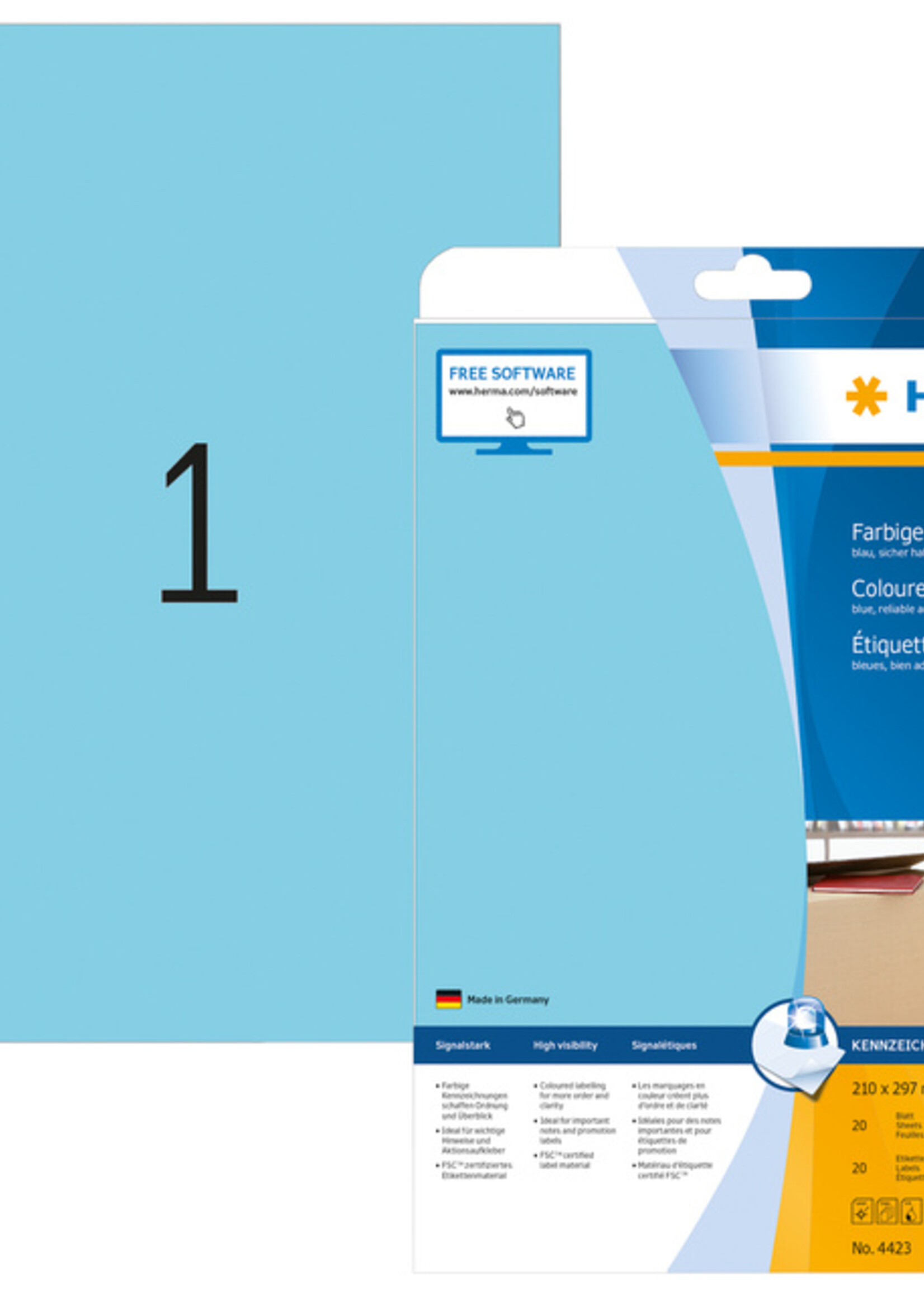 Herma Etiket HERMA 4423 210x297mm A4 verwijderbaar blauw 20stuks