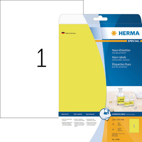 Herma Etiket HERMA 5148 210x297mm A4 fluor geel 20stuks