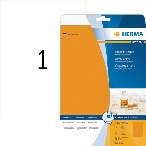 Herma Etiket HERMA 5149 210x297mm A4 fluor oranje 20stuks