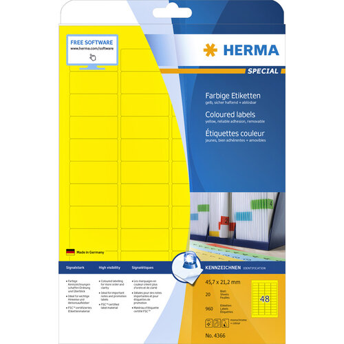 Herma Etiket HERMA 4366 A4 45.7x21.2mm verwijderbaar geel
