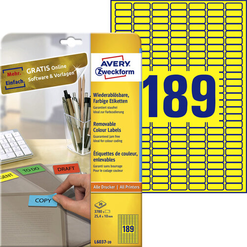 Avery Zweckform Etiquette Avery L6037-20 25,4x10mm jaune 3780 pièces