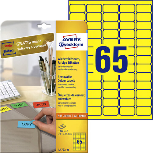 Avery Zweckform Etiquette Avery Zwecform L4793-20 38,1x21,2mm jaune 1300 pcs