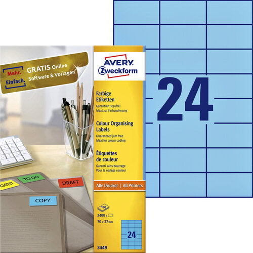 Avery Zweckform Etiket Avery Zweckform 3449 70x37mm blauw 2400stuks