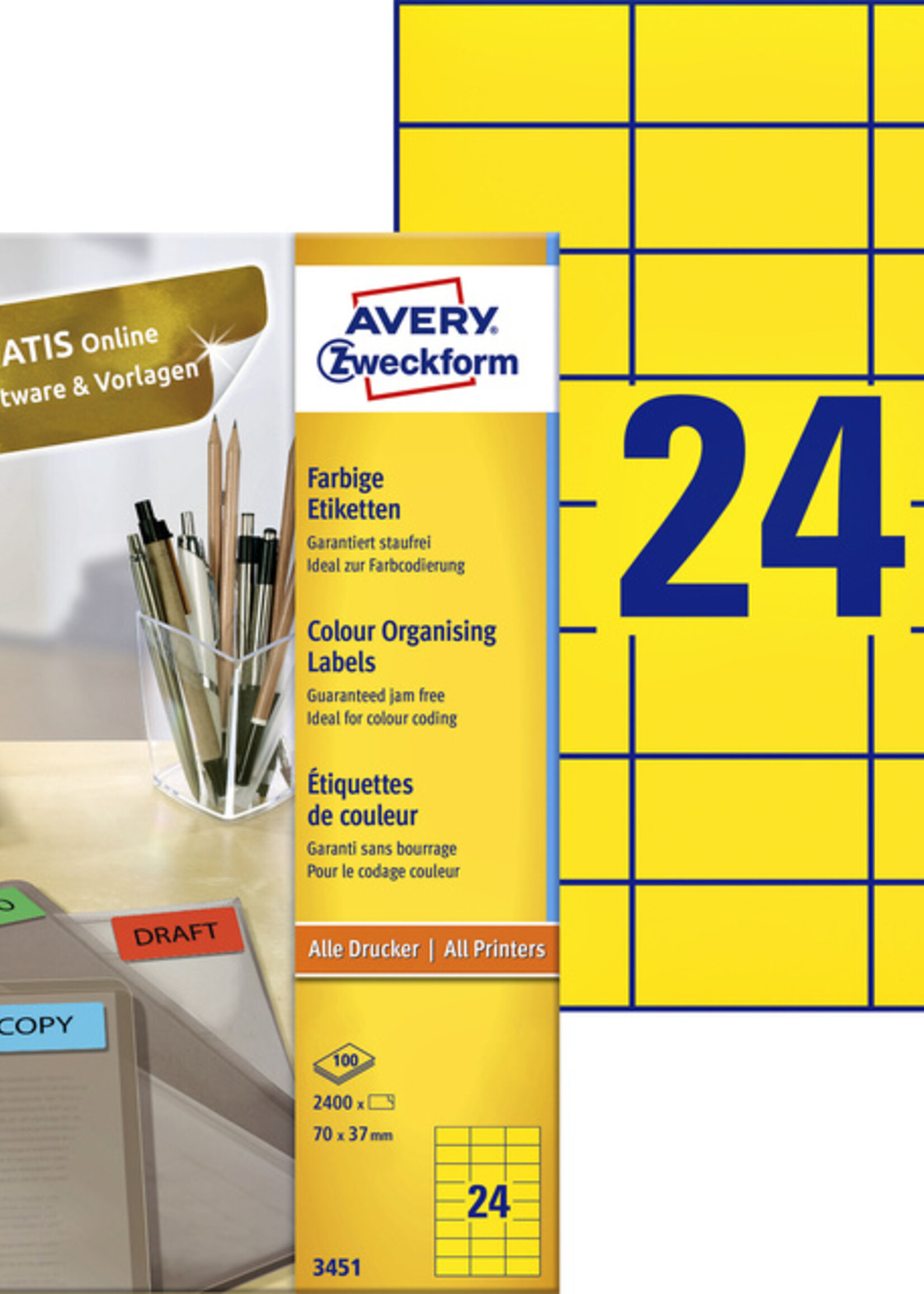 Avery Zweckform Etiket Avery Zweckform 3451 70x37mm geel 2400stuks
