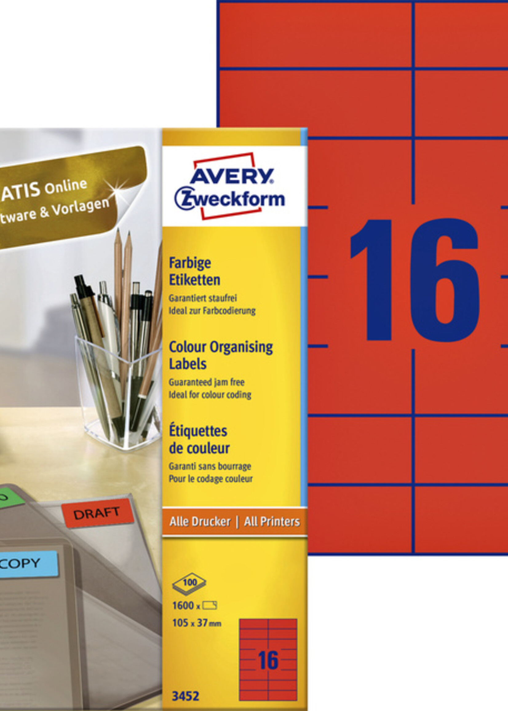 Avery Zweckform Etiket Avery Zweckform 3452 105x37mm rood 1600stuks