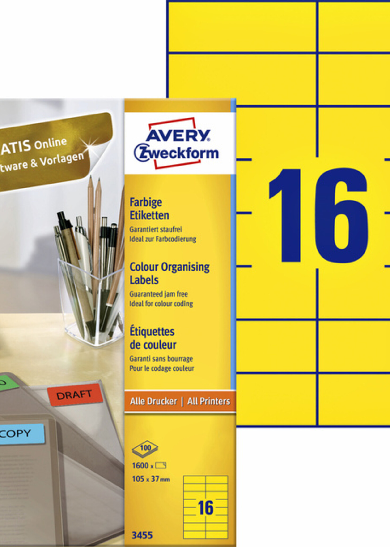 Avery Zweckform Etiket Avery Zweckform 3455 105x37mm geel 1600stuks