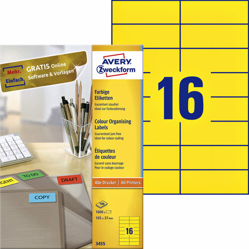 Avery Zweckform Etiket Avery Zweckform 3455 105x37mm geel 1600stuks