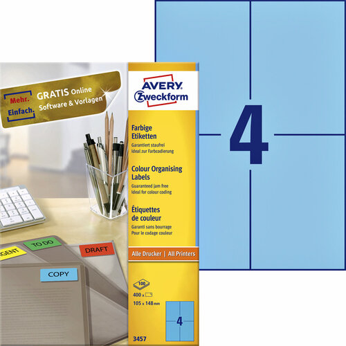 Avery Zweckform Etiket Avery Zweckform 3457 105x148mm A6 blauw 400stuks