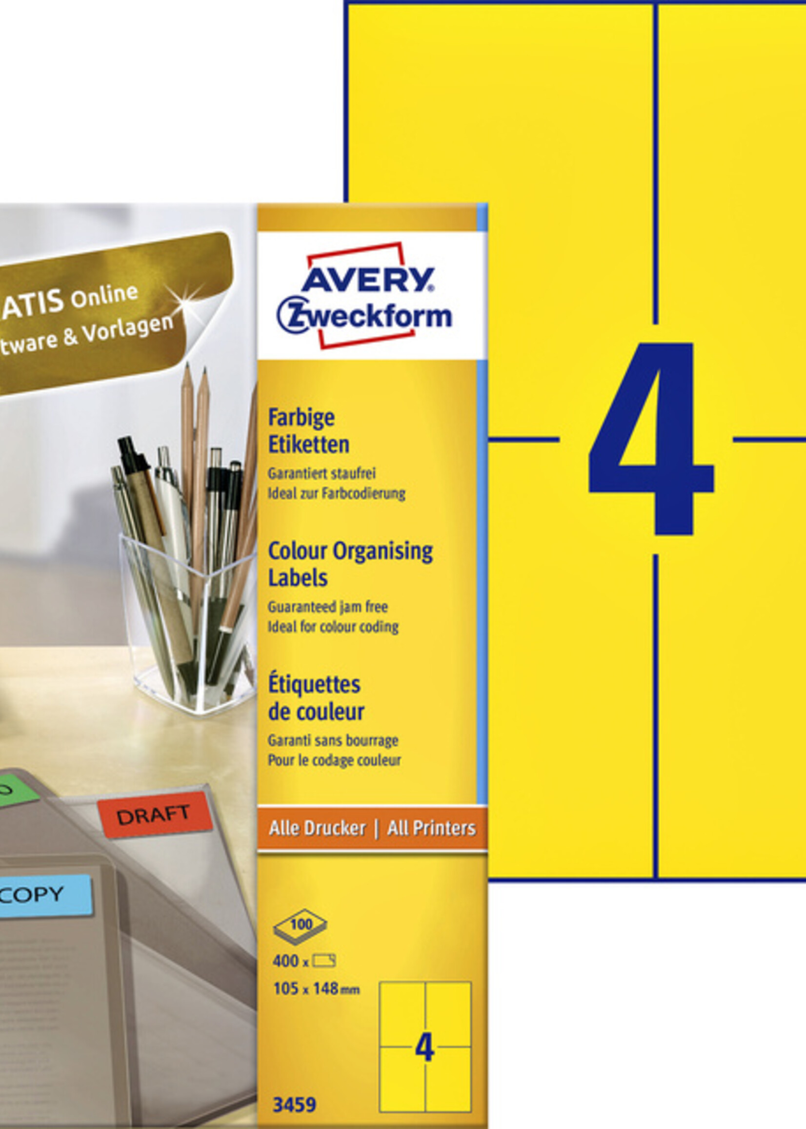 Avery Zweckform Etiket Avery Zweckform 3459 105x148mm A6 geel 400stuks