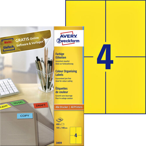 Avery Zweckform Etiket Avery Zweckform 3459 105x148mm A6 geel 400stuks