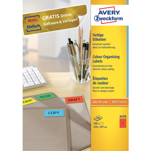 Avery Zweckform Etiquette Avery Zweckform 3470 210x297mm A4 rouge 100 pièces