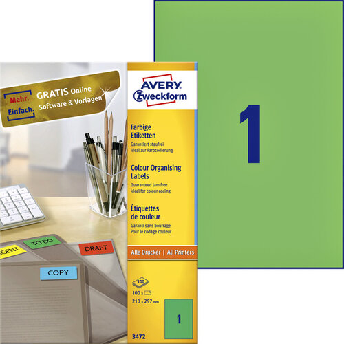 Avery Zweckform Etiket Avery Zweckform 3472 210x297mm A4 groen 100stuks