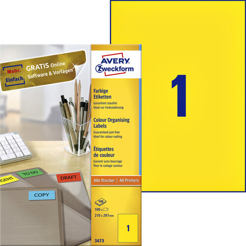 Avery Zweckform Etiket Avery Zweckform 3473 210x297mm A4 geel 100stuks