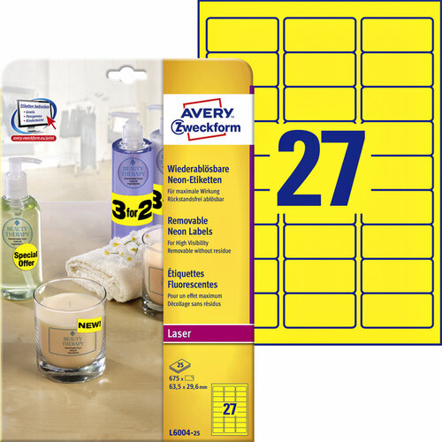 Avery Etiquette Avery L6004-25 63,5x29,6mm jaune néon 675 pièces