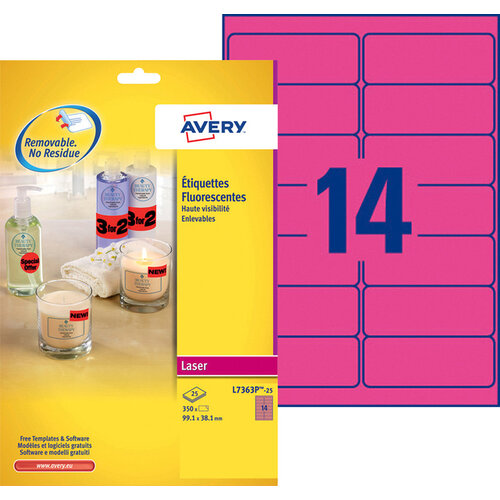 Avery Etiket Avery L7363P-25 99.1x38.1mm neon roze 340stuks