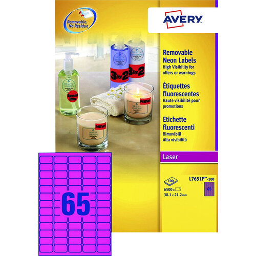 Avery Etiket Avery L7651PF-100 38.1x21.2mm neon roze 6500stuks