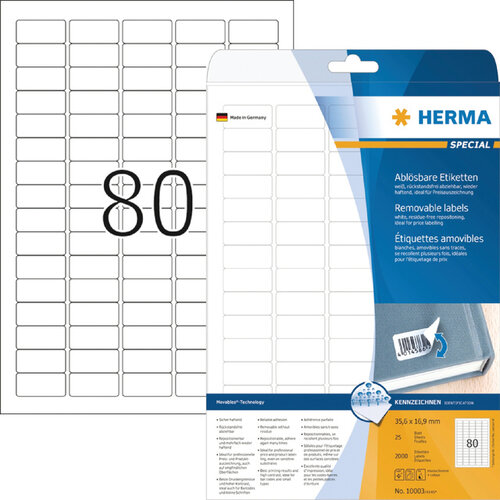Herma Etiquette amovible HERMA 10003 35,6x16,9mm 2000 pièces blanches