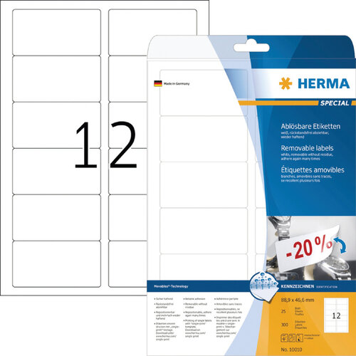 Herma Etiket HERMA 10010 88.9x46.6mm verwijderbaar wit 300stuks