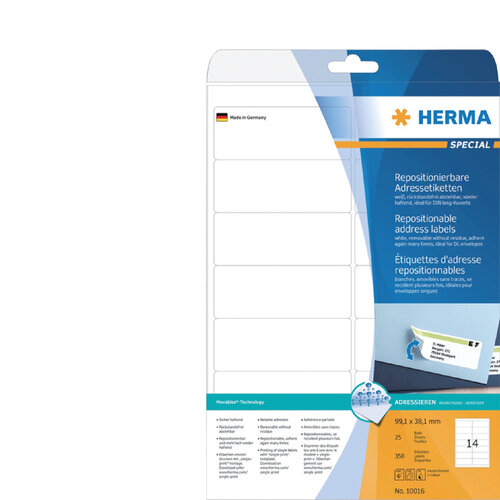 Herma Etiket HERMA 10016 99.1x38.1mm verwijderbaar wit 350stuks