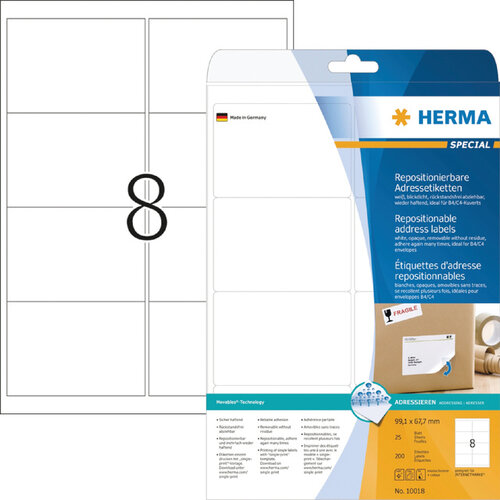 Herma Etiket HERMA 10018 99.1x67.7mm verwijderbaar wit 200stuks
