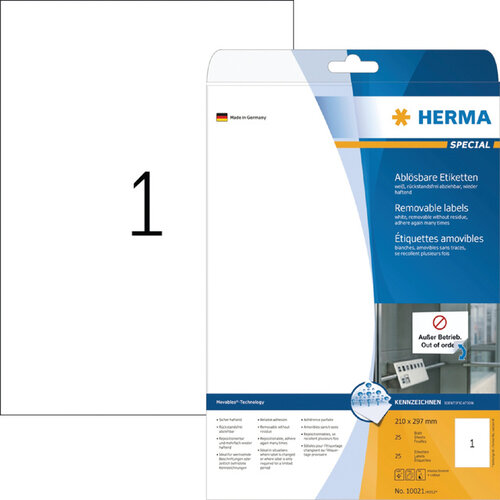 Herma Etiquette amovible HERMA 10021 210x297mm A4 25 pièces