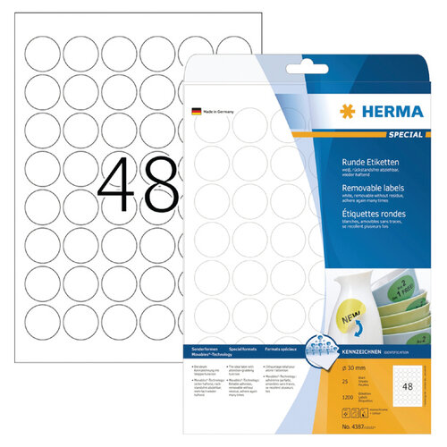 Herma Etiket HERMA 4387 rond 30mm verwijderbaar wit 1200stuks