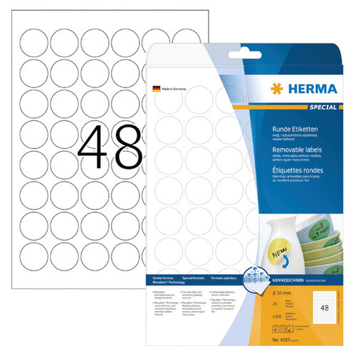 Herma Etiquette HERMA amovible 4387 rond 30mm blanc 1200 pièces