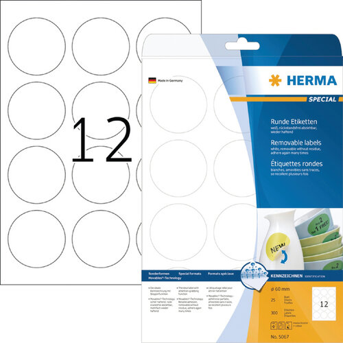 Herma Etiket HERMA 5067 rond 60mm verwijderbaar wit 300stuks