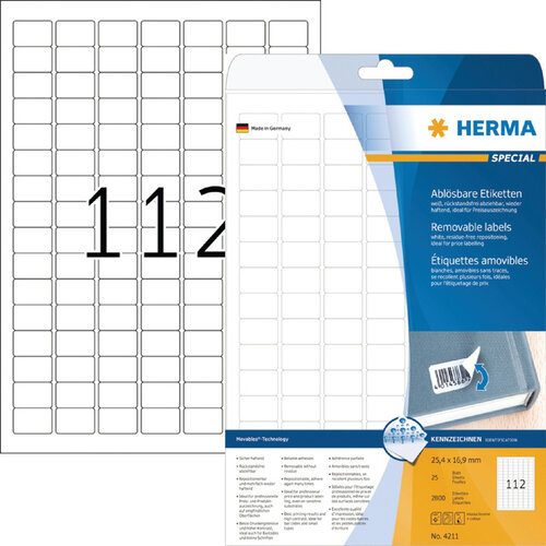 Herma Etiket HERMA 4211 25.4x16.9mm verwijderbaar wit 2800stuks