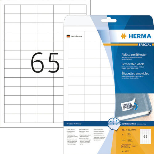 Herma Etiket HERMA 4212 38.1x21.2mm verwijderbaar wit 1625stuks