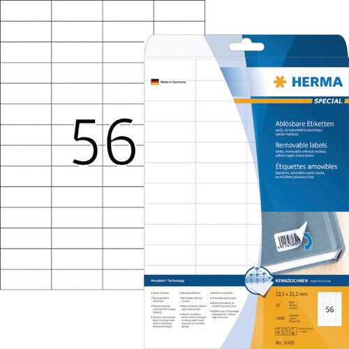 Herma Etiket HERMA 5080 52.5x21.2mm verwijderbaar wit 1400stuks