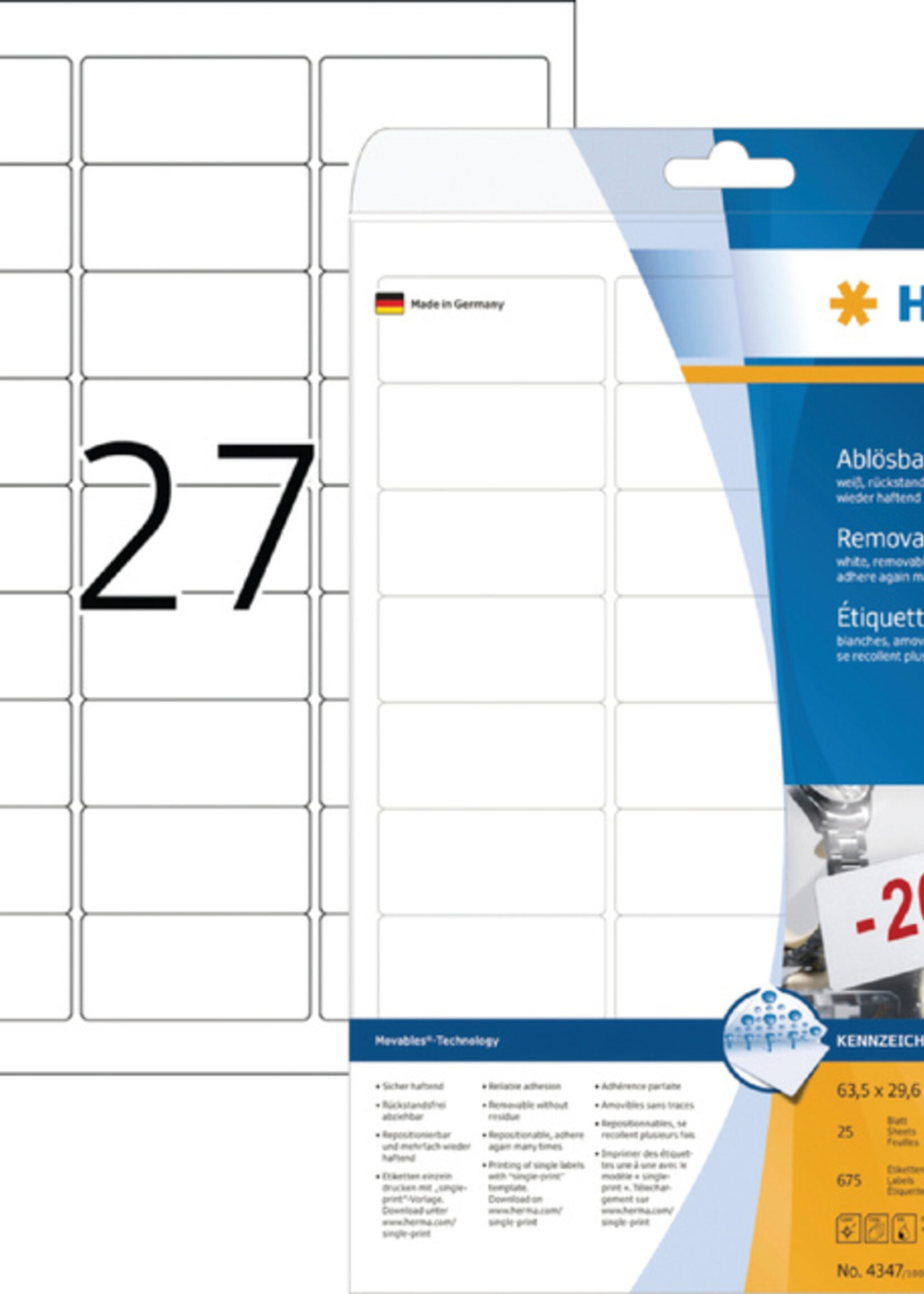 Herma Etiket HERMA 4347 63.5x29.6mm verwijderbaar wit 675stuks