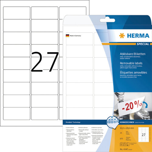 Herma Etiket HERMA 4347 63.5x29.6mm verwijderbaar wit 675stuks