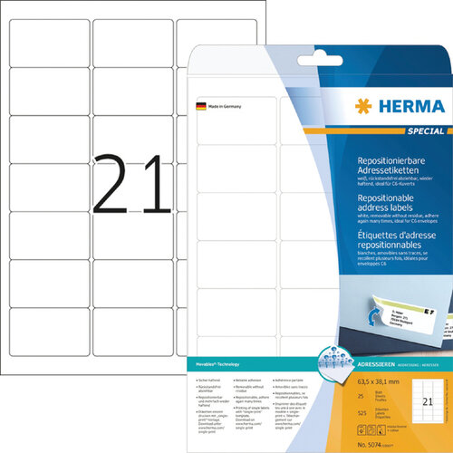 Herma Etiket HERMA 5074 63.5x38.1mm verwijderbaar wit 525stuks