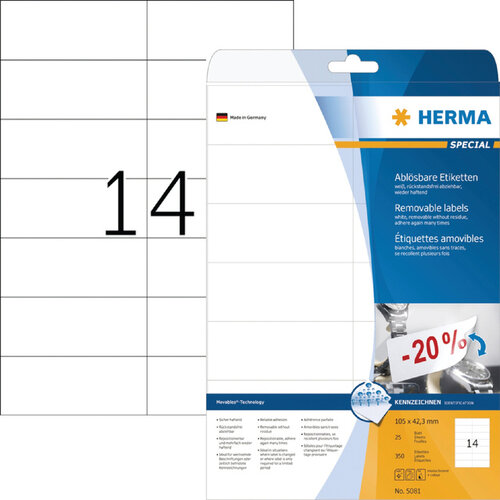 Herma Etiket HERMA 5081 105x42.3Mm verwijderbaar wit 350stuks