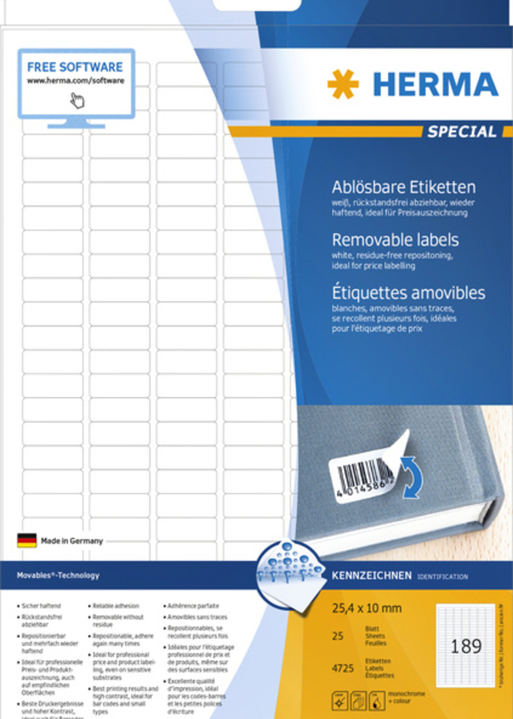 Herma Etiket HERMA 10001 A4 25.4x10mm verwijderbaar wit