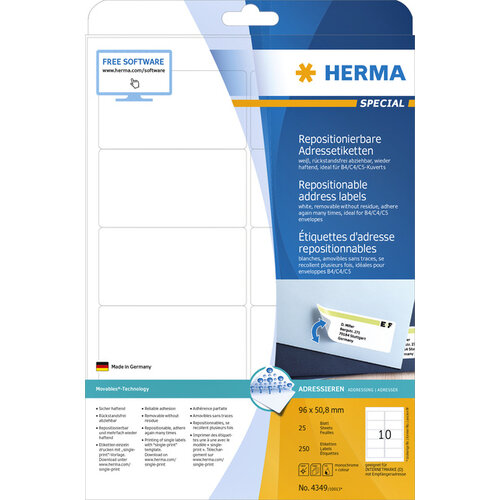 Herma Etiket HERMA 4349 A4 96x50.8mm verwijderbaar wit