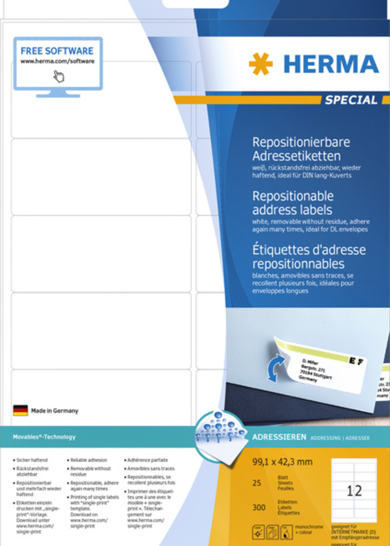 Herma Etiquette HERMA 10017 A4 99,1xx42,3mm amovible blanc