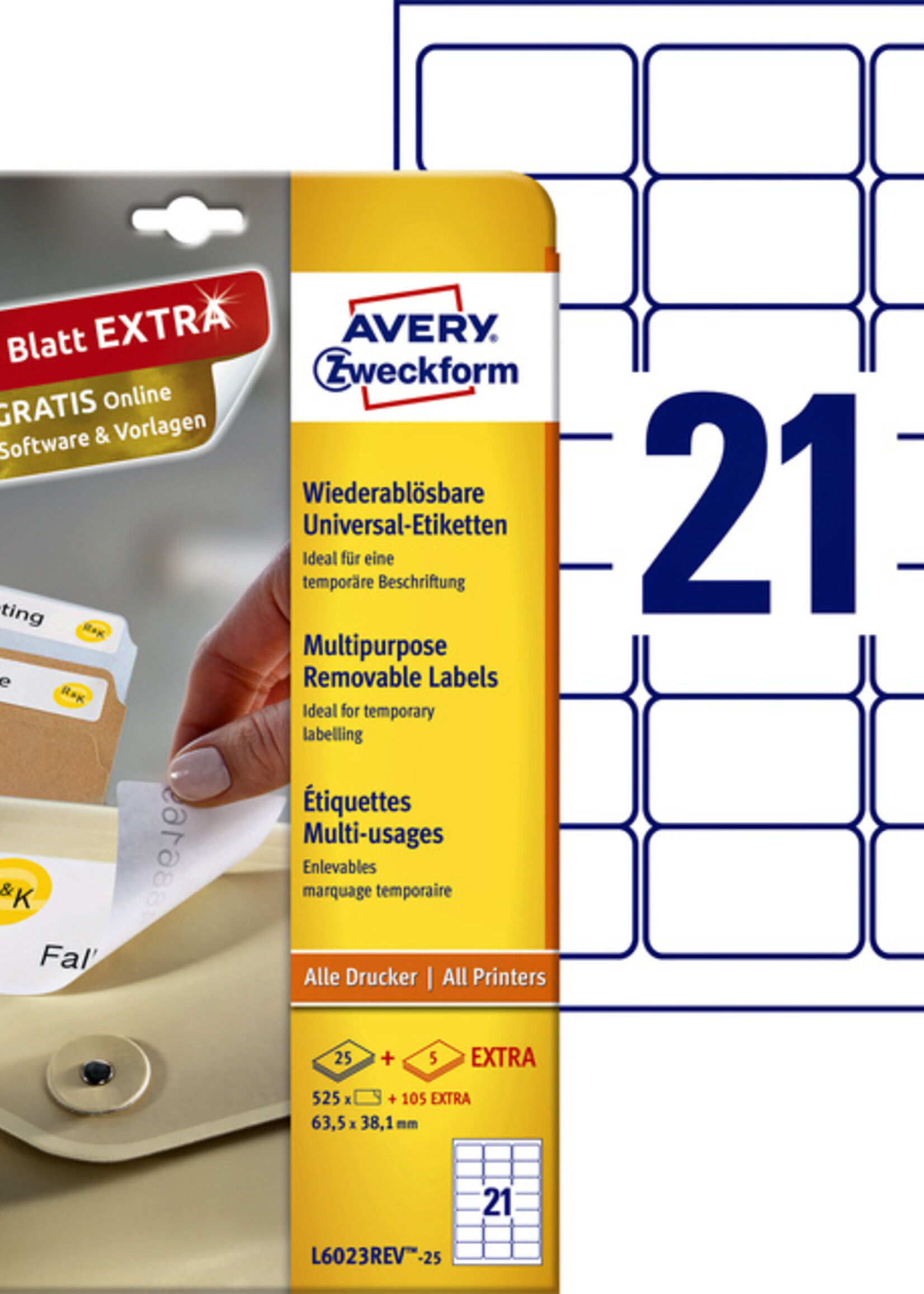 Avery Zweckform Etiket Avery Zweckform L6023REV-25 63.5x38.1mm afneembaar wit 525stuks