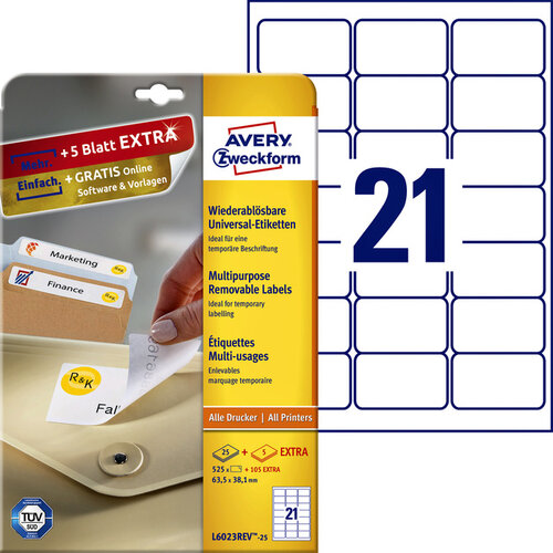 Avery Zweckform Etiket Avery Zweckform L6023REV-25 63.5x38.1mm afneembaar wit 525stuks