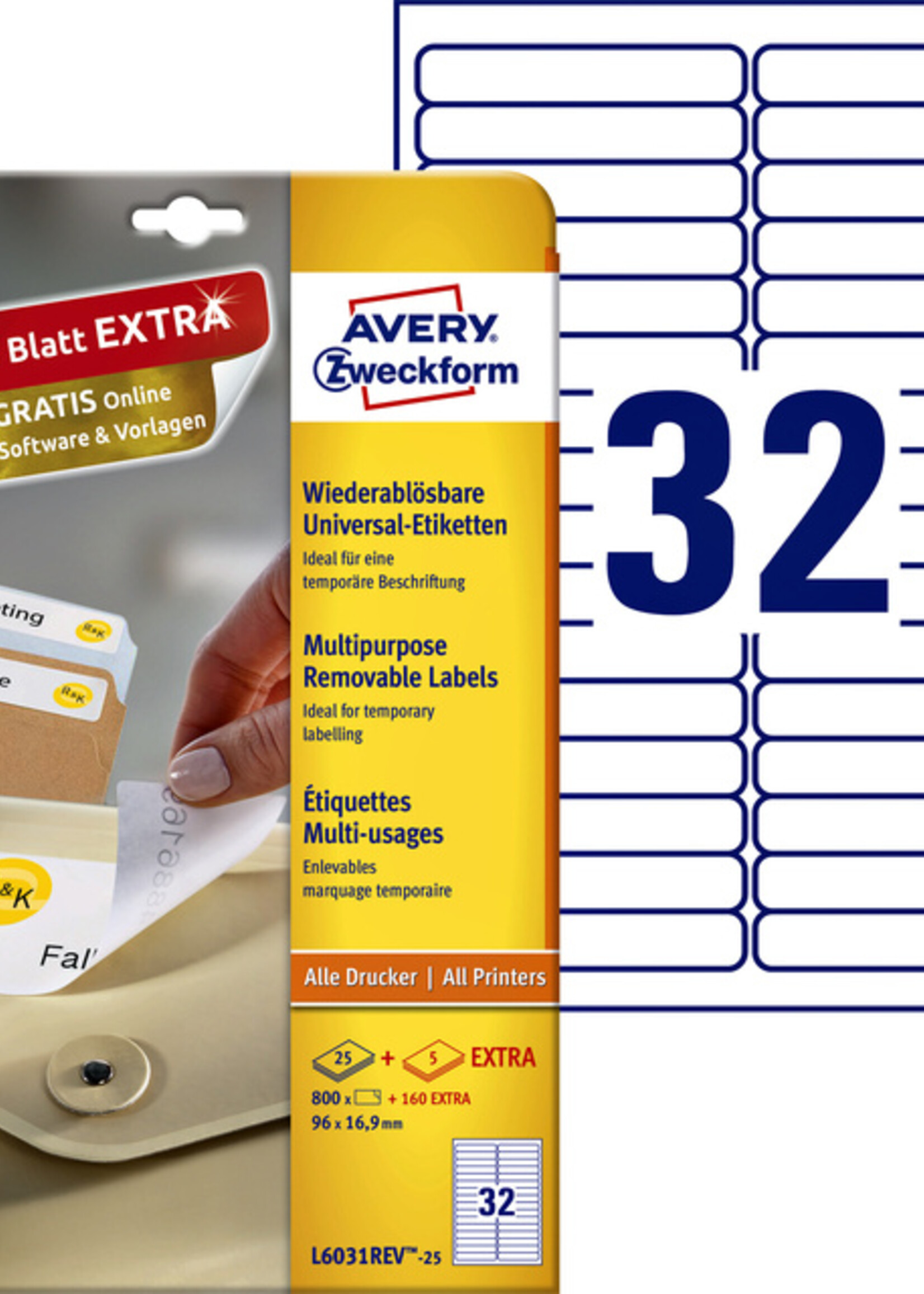 Avery Zweckform Etiket Avery Zweckform L6031REV-25 96x16.9mm afneembaar wit 800stuks